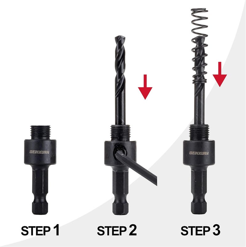 GEINXURN Heavy Duty Quick Change Hole Saw Mandrel, 7/16-Inch and 3/8 Inch Hole Saw Arbor with 3Pcs Central Drill/2PCS Hex wrench/2Pcs Spring - Image 5